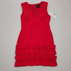 Nicole Miller Little Red Dress Ruffle Sheath Sophisticated Luxury Classic Sz 10